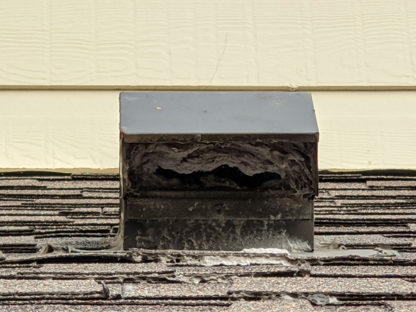 Exterior dryer vent cap packed solid with lint. This home's dryer was taking two cycles per load.